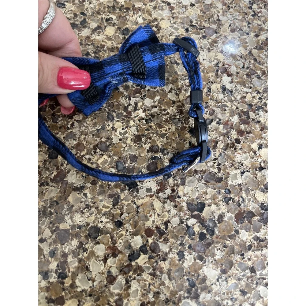 Cat Collar Breakaway with Bell and Bow Tie Blue Plaid‎ Adjustable Kitten Collar